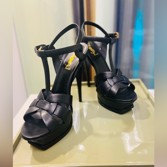 Saint Laurent Tribute 105 Leather Platform Sandal, Sz 9.5 - Picture 11 of 14